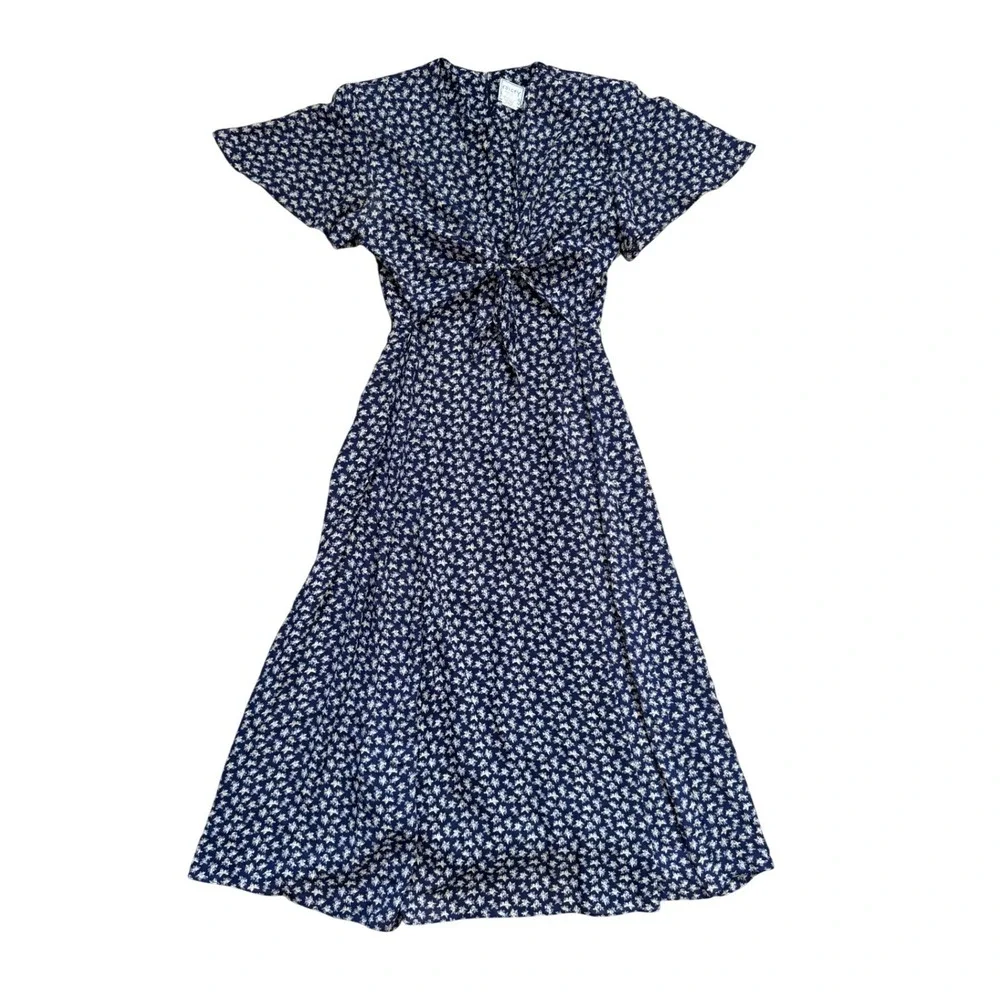Vintage Navy Blue Ditsy Floral Tie Front Midi Dress 12 cottage prairie